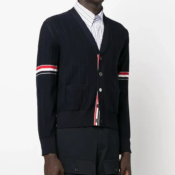 Áo Len Nam Thom Browne RWB Stripe V-neck Cardigan MKC519A Màu Xanh Navy Size 3