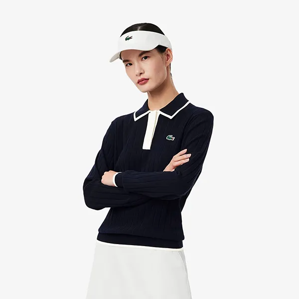 Áo Len Nữ Lacoste Polo Collar Stretch Golf Sweater AF8544 51 HHW Màu Xanh Navy Size 36