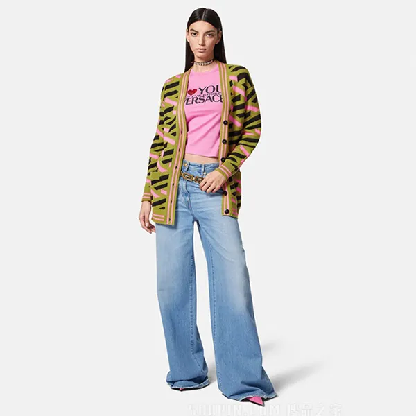 Áo Len Nữ Versace Jean Conture La Greca 1007280-1A05210_5G380 Màu Hồng Xanh Size 38