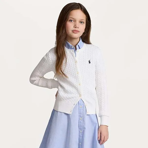 Áo Len Ralph Lauren Girls' Cable-Knit Cardigan Big Kid Bright White Màu Trắng Size L