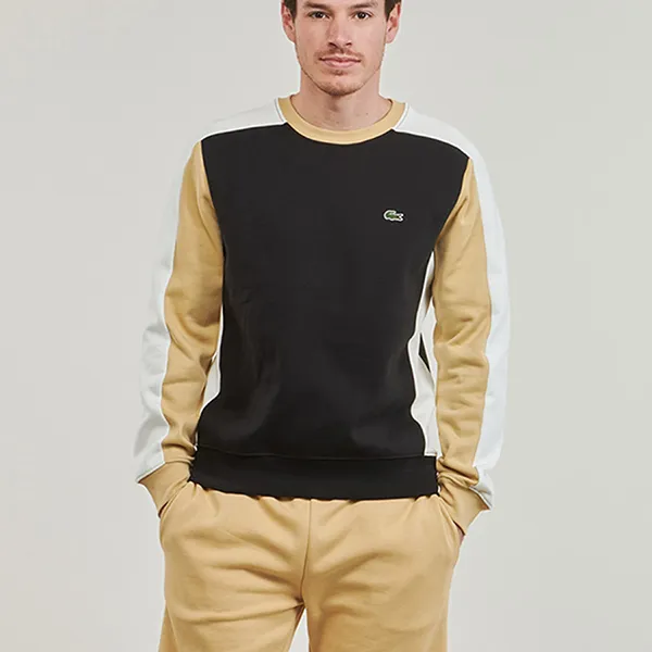 Áo Nỉ Nam Lacoste Colour Block Crew Sweatshirt SH1299 Black/White/Beige Màu Be Đen Size 2