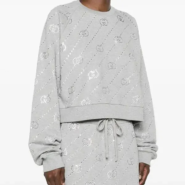 Áo Nỉ Nữ Gucci Crystal-Embellished Interlocking G Felted Sweatshirt Màu Xám Size S