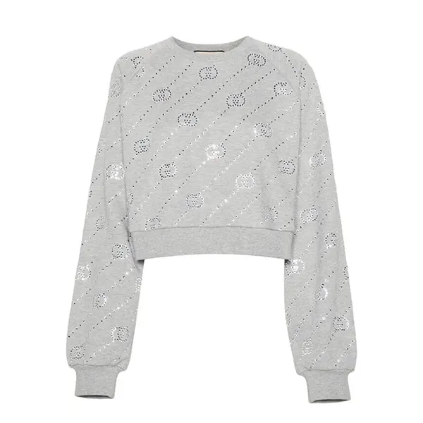 Áo Nỉ Nữ Gucci Crystal-Embellished Interlocking G Felted Sweatshirt Màu Xám Size S