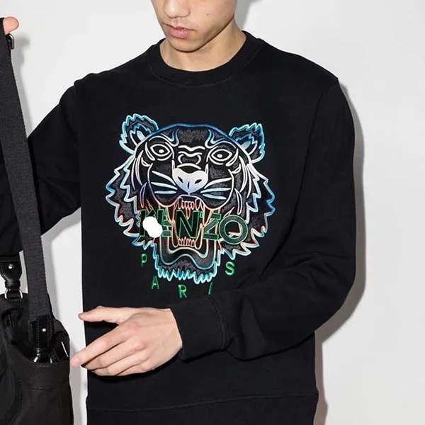 Áo Nỉ Sweater Nam Kenzo Icon Tiger Logo Sweatshirt Mặt Xanh Loang Màu Đen Size M