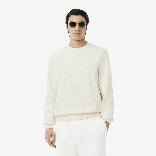 Áo Nỉ Sweater Nam Lacoste Embossed Logo Pique Sweatshirt SH9959-00-ARS Màu Trắng Kem Size 3