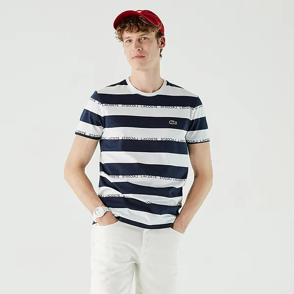 Áo Phông Nam Lacoste Slim Fit T-Shirt TH0213 13L Màu Xanh Phối Trắng Size 4