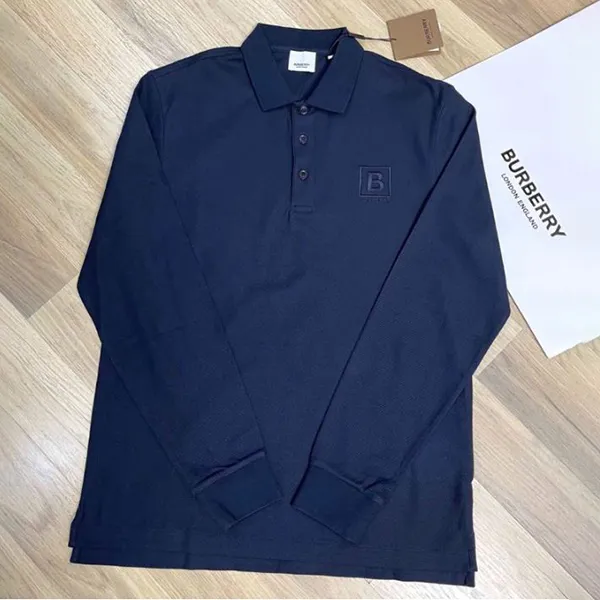 Áo Polo Dài Tay Nam Burberry Cotton Long Sleeve Màu Xanh Navy Size XS