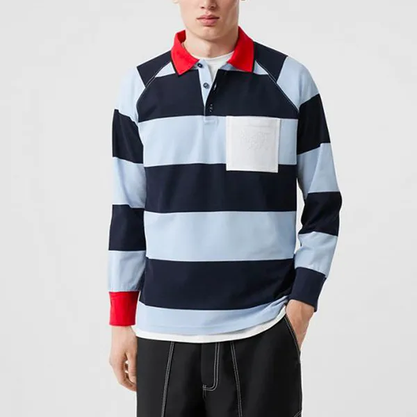 Áo Polo Dài Tay Nam Burberry Long Sleeve Stripe Net Cotton Male Blue 80134731 Màu Xanh Đen Size XS