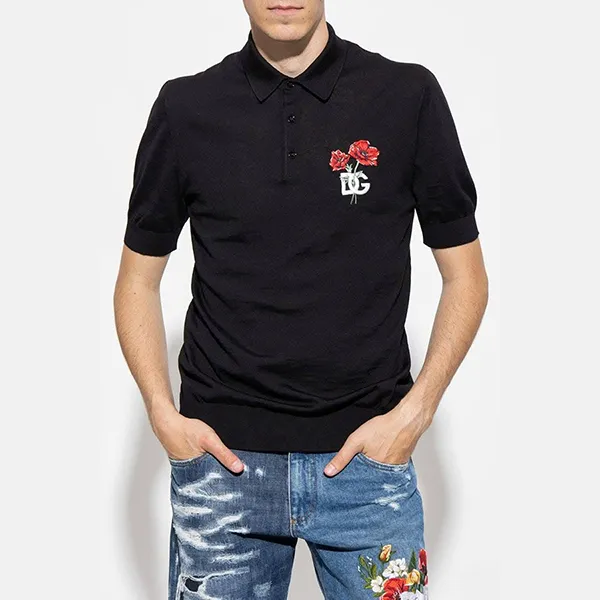 Áo Polo Nam Dolce & Gabbana Black Wool DG Logo Rose Collared Màu Đen Size 44