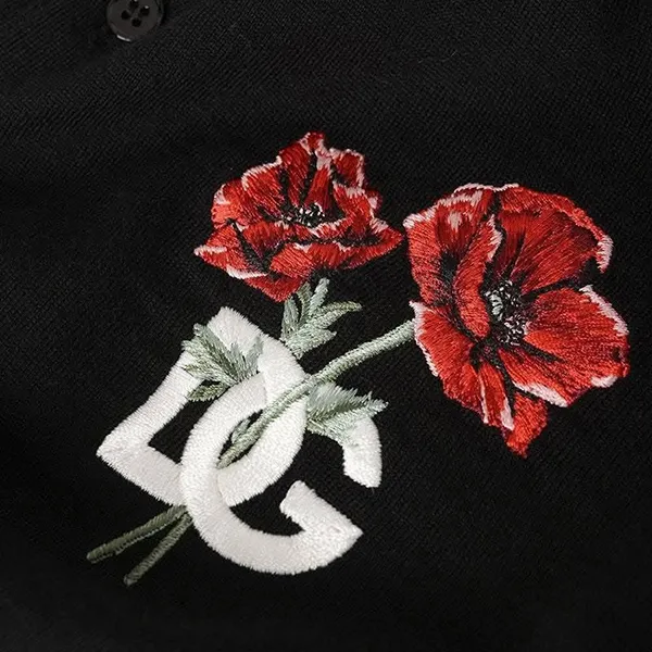 Áo Polo Nam Dolce & Gabbana Black Wool DG Logo Rose Collared Màu Đen Size 44