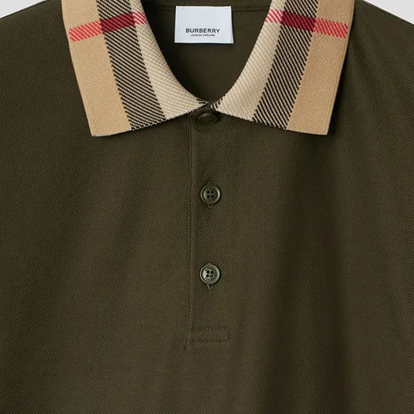 Áo Polo Nam Burberry Green Icon Stripe Collar Check Camel 8095923 Màu Xanh Rêu Size XS
