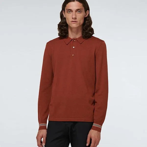 Áo Polo Nam Dài Tay Burberry Pace Merino Wool Long Sleeved Polo Màu Nâu Đỏ Size XS