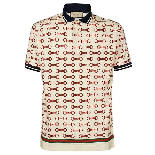 Áo Polo Nam Gucci GG Horsebit Print Cotton Shirt Màu Kem Họa Tiết Size M