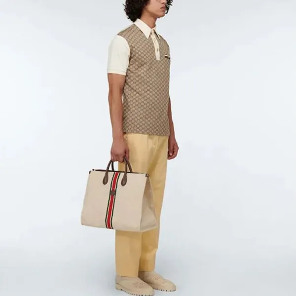 Áo Polo Nam Gucci GG Silk And Cotton Jacquard Shirt Màu Be Nâu Size XS