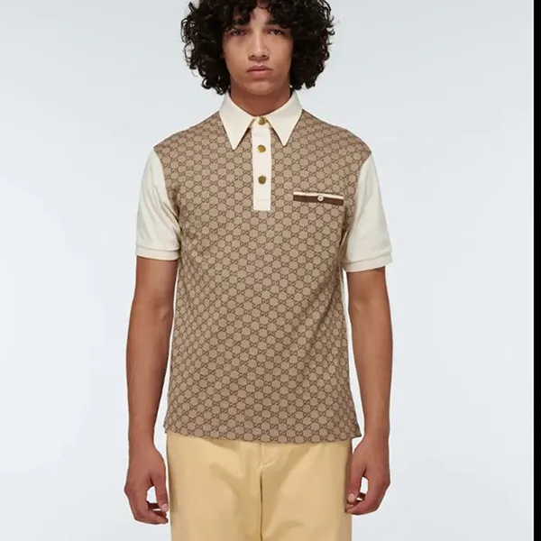 Áo Polo Nam Gucci GG Silk And Cotton Jacquard Shirt Màu Be Nâu Size XS