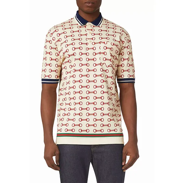 Áo Polo Nam Gucci Horsebit Print Cotton Màu Kem Họa Tiết Size M