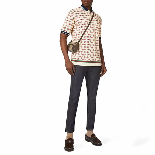 Áo Polo Nam Gucci Horsebit Print Cotton Màu Kem Họa Tiết Size M