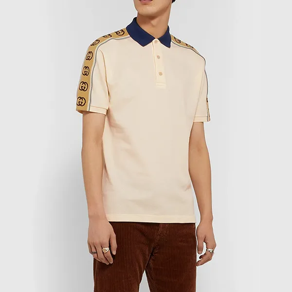 Áo Polo Nam Gucci Logo-Jacquard Webbing-Trimmed Stretch-Cotton Piqué Polo Shirt Màu Be Size S (Form To)