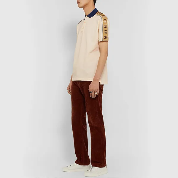 Áo Polo Nam Gucci Logo-Jacquard Webbing-Trimmed Stretch-Cotton Piqué Polo Shirt Màu Be Size S (Form To)
