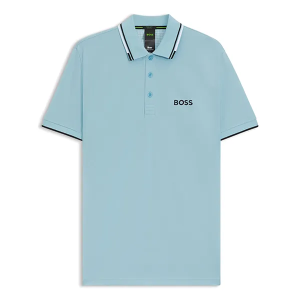 Áo Polo Nam Hugo Boss Cotton-Blend Polo Shirt With Contrast Logos 50469102 455 Màu Xanh Nhạt Size S