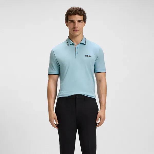 Áo Polo Nam Hugo Boss Cotton-Blend Polo Shirt With Contrast Logos 50469102 455 Màu Xanh Nhạt Size S