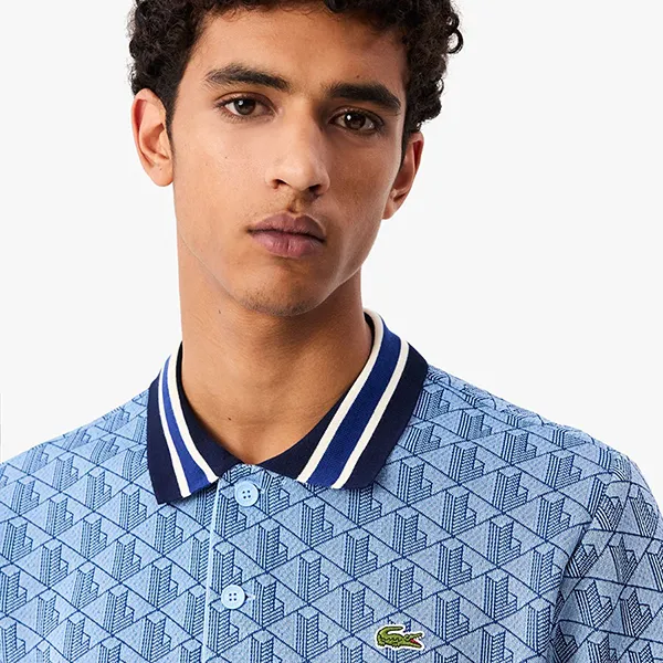 Áo Polo Nam Lacoste Classic Fit Contrast Collar Monogram DH1417-I8K Màu Xanh Họa Tiết Size 2