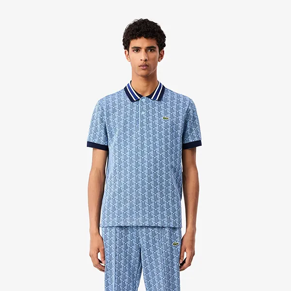 Áo Polo Nam Lacoste Classic Fit Contrast Collar Monogram DH1417-I8K Màu Xanh Họa Tiết Size 2