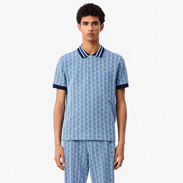 Áo Polo Nam Lacoste Classic Fit Contrast Collar Monogram Jacquard DH1417 IK8 Màu Xanh Nhạt Size 2