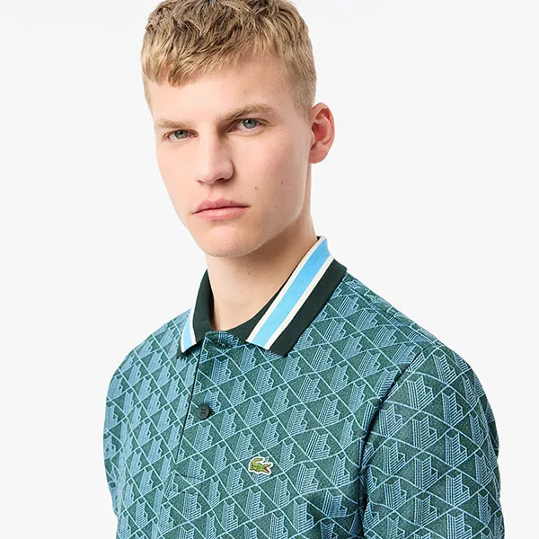 Áo Polo Nam Lacoste Classic Fit Contrast Collar Monogram Jacquard DH1417 IB4 Màu Xanh Đậm Size 3