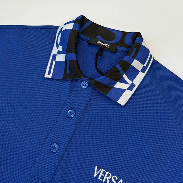 Áo Polo Nam Versace Patterned Collar Logo Embroidered At Chest In Blue - 1012260 1A14426 2UO00 Màu Xanh Blue Size L