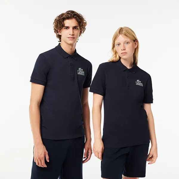 Áo Polo Unisex Lacoste Regular Fit Signature Print Pique PH6395 166 Màu Xanh Navy Size S