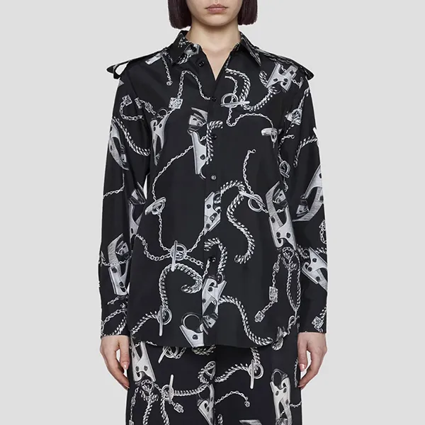 Áo Sơ Mi Nữ Burberry Long-Sleeve Knight Hardware Silk Shirt 8088942 Màu Đen Size 4