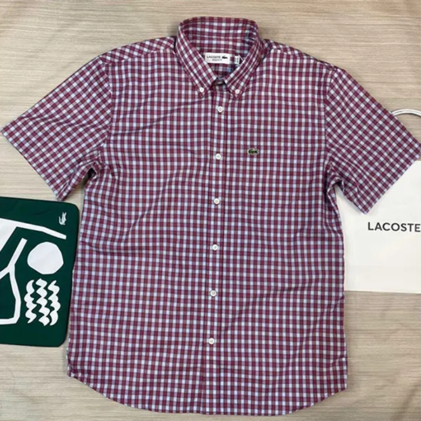Áo Sơ Mi Cộc Tay Nam Lacoste Men's Short Sleeve Shirt Màu Đỏ Kẻ Size 39