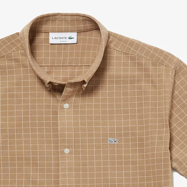 Áo Sơ Mi Cộc Tay Nam Lacoste PH763EL Slim Màu Nâu Size 3