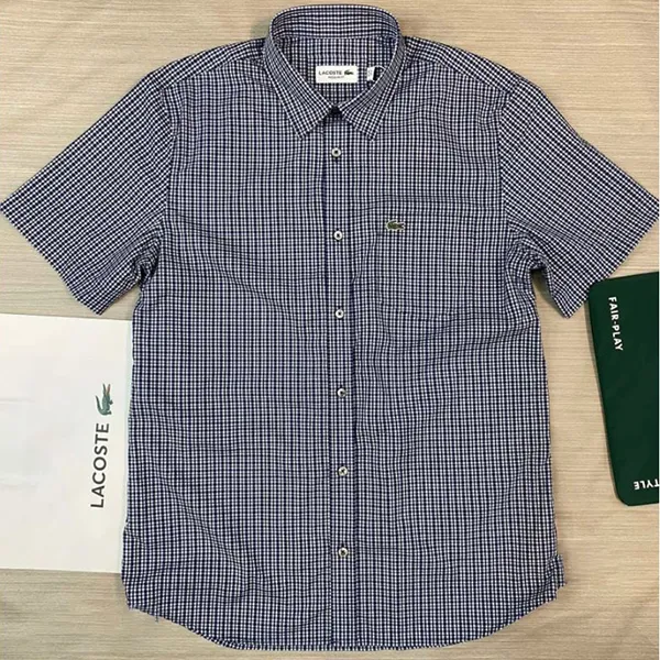 Áo Sơ Mi Cộc Tay Nam Lacoste Regular Fit Short Sleeve Shirt Màu Kẻ Xanh Size 38