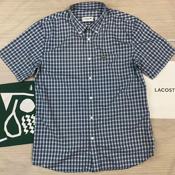Áo Sơ Mi Cộc Tay Nam Lacoste Regular Fit Short Sleeve Shirt Màu Xanh Kẻ Trắng Size 39