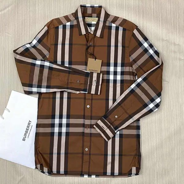 Áo Sơ Mi Nam Burberry Check Long Sleeve Vintage Check Shirt Màu Nâu Kẻ Trắng Size S