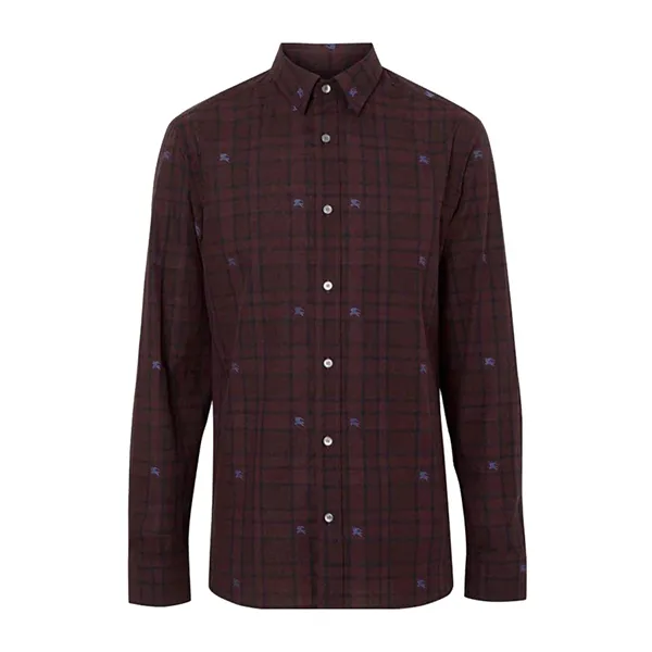 Áo Sơ Mi Nam Burberry Check Stretch Cotton Màu Đỏ Thẫm Size XS