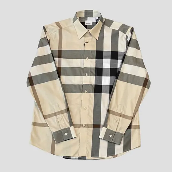 Áo Sơ Mi Nam Burberry Claverdon Long-sleeved Checked Cotton In Beige 81054661 Màu Be Size S