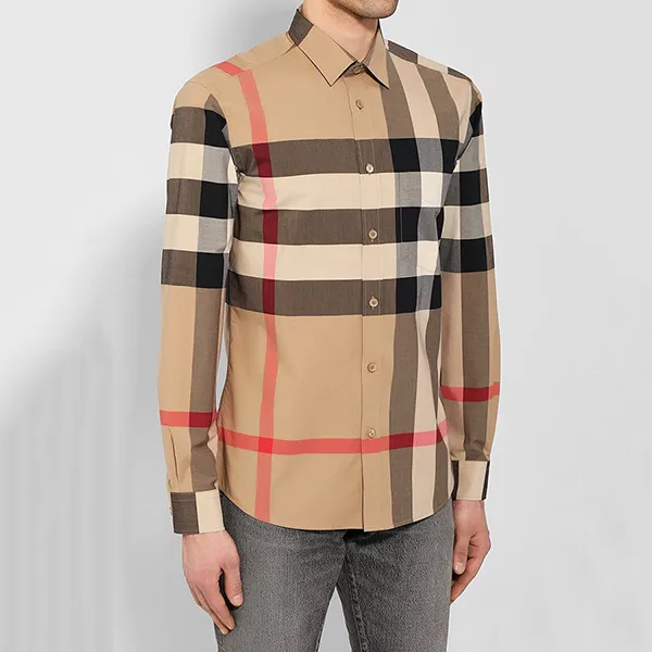 Áo Sơ Mi Nam Burberry Long Sleeve Cotton Shirt 8010213 Màu Be Kẻ Size S