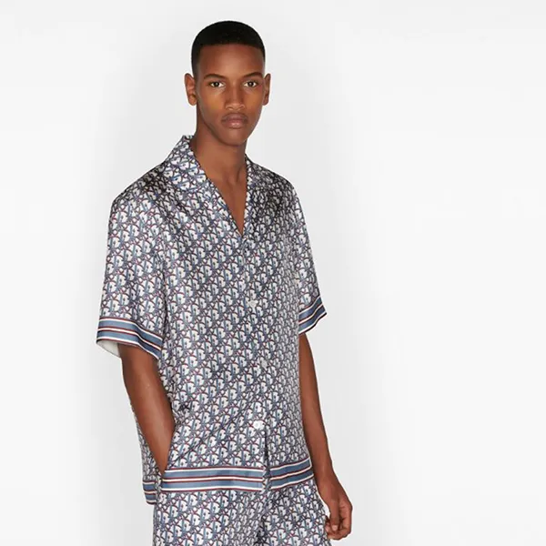 Áo Sơ Mi Nam Dior Oblique Pixel Hawaiian Silk Shirt Màu Xanh Họa Tiết Size 39