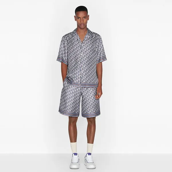 Áo Sơ Mi Nam Dior Oblique Pixel Hawaiian Silk Shirt Màu Xanh Họa Tiết Size 39