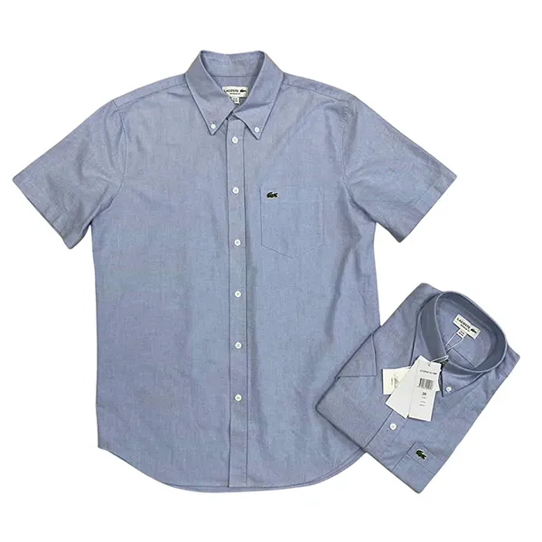 Áo Sơ Mi Cộc Tay Nam Lacoste Men's Regular Fit Oxford Cotton Shirt CH2949 HBP Màu Xanh Size 39
