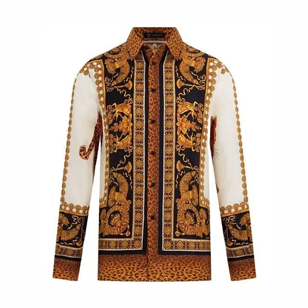 Áo Sơ Mi Nam Versace AW18 Runway Wild Leopard Black Gold Baroque Silk Shirt Màu Vàng Họa Tiết Size 40