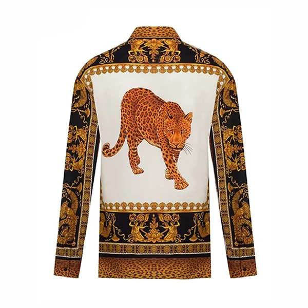 Áo Sơ Mi Nam Versace AW18 Runway Wild Leopard Black Gold Baroque Silk Shirt Màu Vàng Họa Tiết Size 40