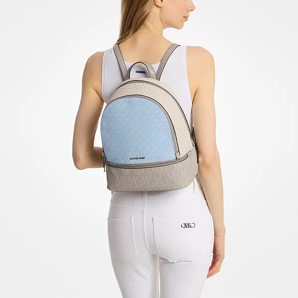 Balo Nữ Michael Kors MK Rhea Medium Color Block Signature Logo Backpack 35S5SRAB6V LT SKY MLT Màu Be Xanh