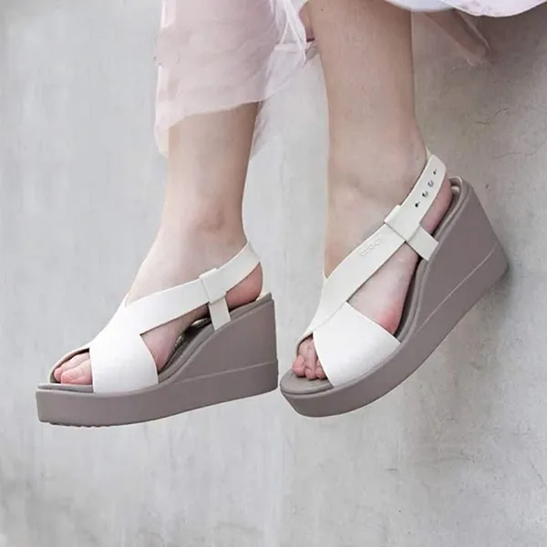 Dép Cao Gót Nữ Crocs Sandal Women Brooklyn High Wedge - Oyster - LiteRide™ Foam Màu Be Xám Size 35
