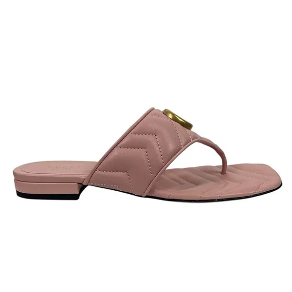 Dép Nữ Gucci GG Logo Marmont Leather Thong Flat Sandals Pink Màu Hồng Size 35
