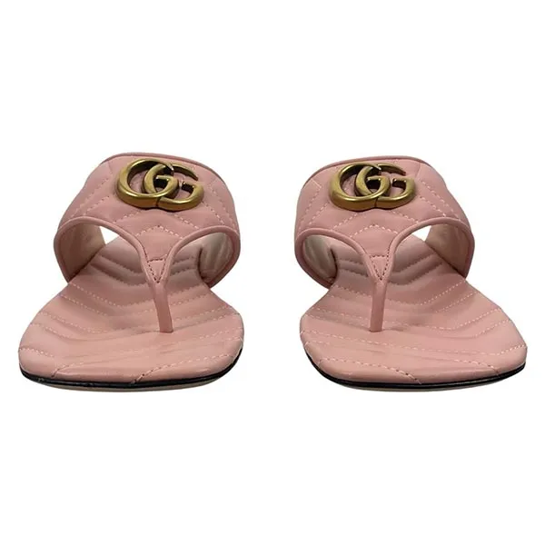Dép Nữ Gucci GG Logo Marmont Leather Thong Flat Sandals Pink Màu Hồng Size 35