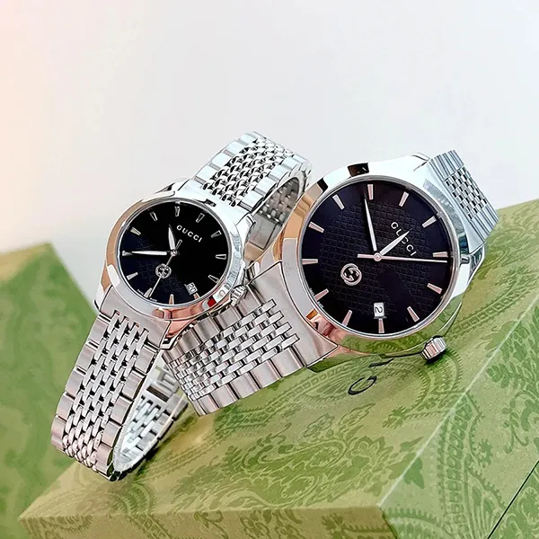 Đồng Hồ Đôi Gucci G-Timeless YA1264106 & YA1265006 Màu Đen Bạc